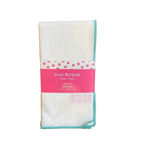Isaac Mizrahi Spring Cotton Cloth Napkins 20x20 Embroidered Turquoise White NEW - Picture 7 of 8